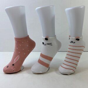 Womens Ankle Socks Set 3 Rabbit Cat Bear Face Print Stripes Polka Dot Pink White